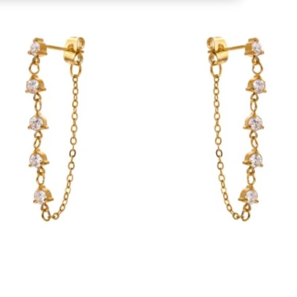 Cubic Zirconia Chain Drop Earrings – Gold Color Stainless Steel - Picture 1 of 1